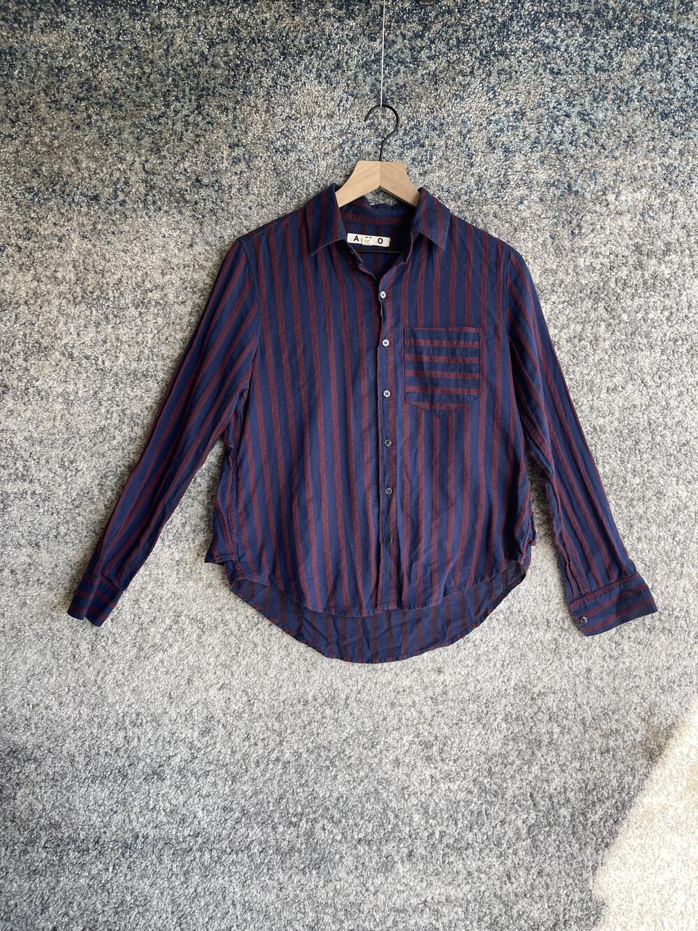AMO Shirt Womens XS Blue Red Striped Button Down Made in USA Long Sleeve Pocket